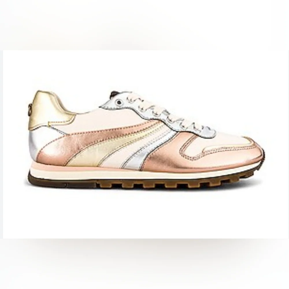 COACH Wave Patchwork Runner Beige Rose Silver Gold Wave Stripes Women's Size 8.5